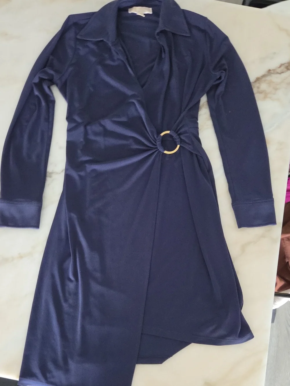Michael Kors Navy Wrap Midi Dress with Gold Ring